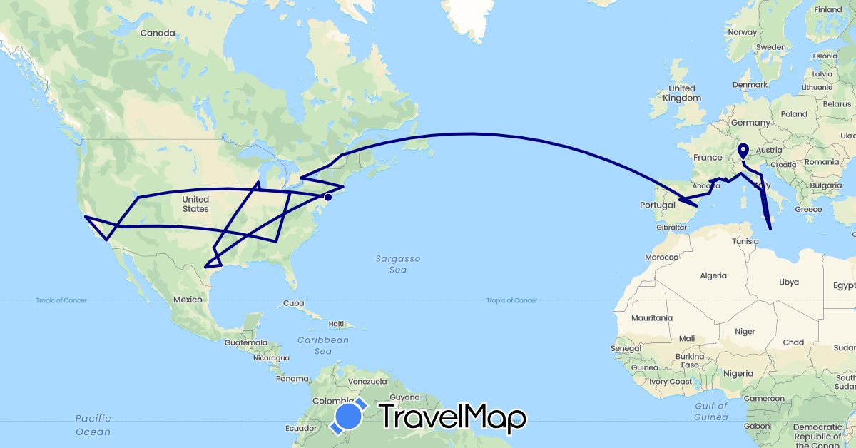 TravelMap itinerary: driving in Canada, Switzerland, Spain, France, Italy, Malta, United States (Europe, North America)